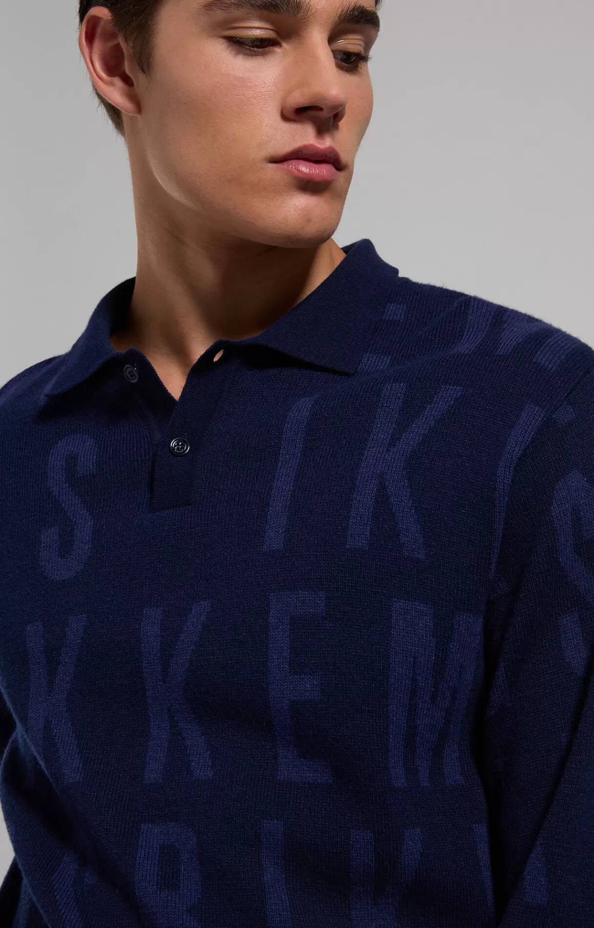 Sweaters^Bikkembergs Men's Jacquard Polo With All-over Logo blue graphite