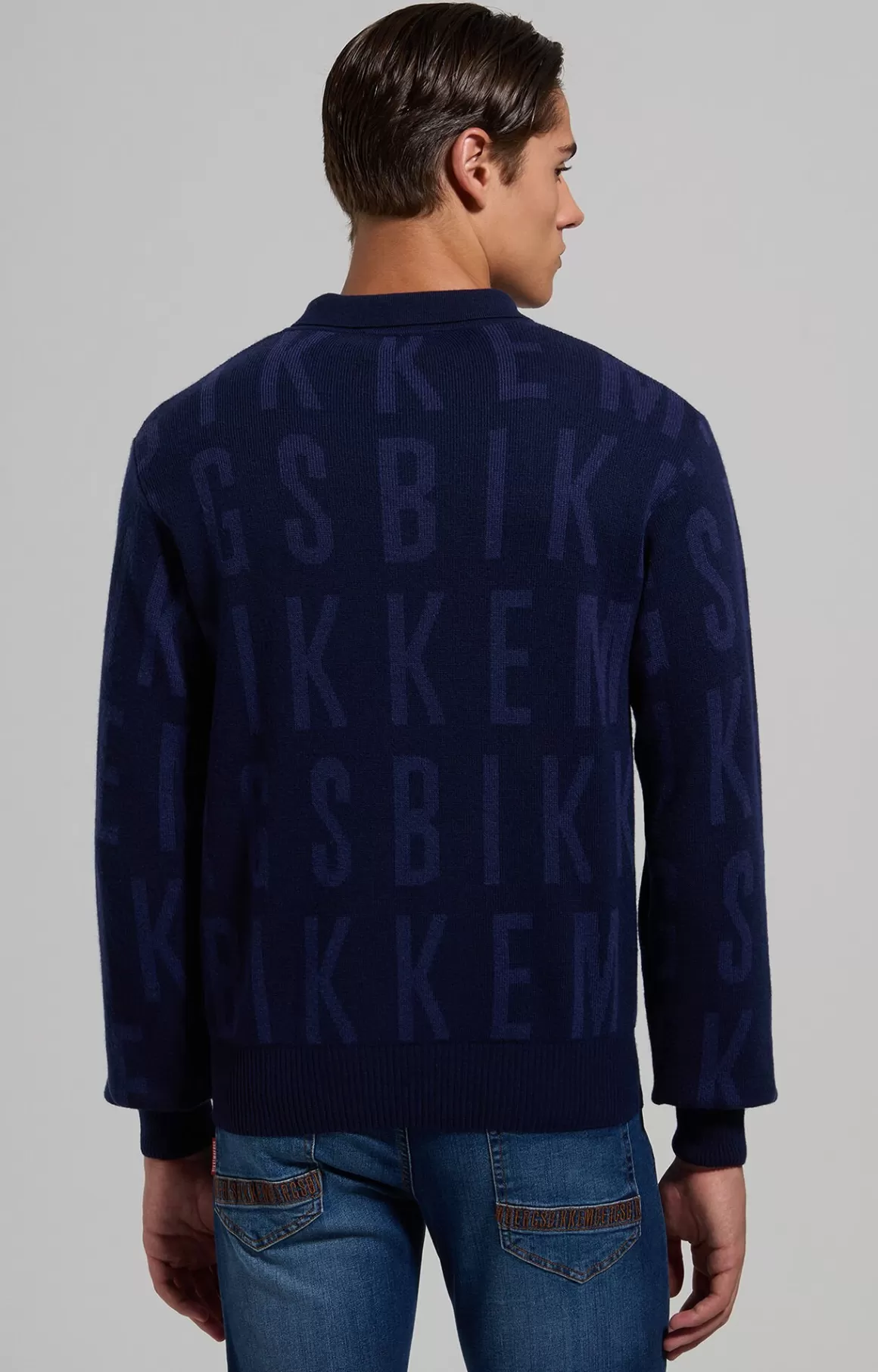 Sweaters^Bikkembergs Men's Jacquard Polo With All-over Logo blue graphite