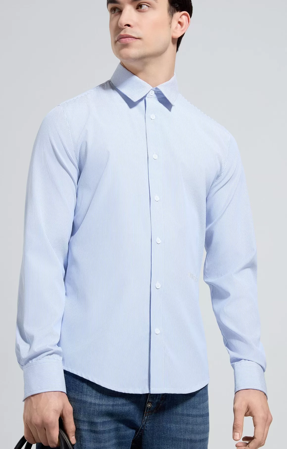 Shirts^Bikkembergs Men's Slim Fit Striped Shirt white/celestial